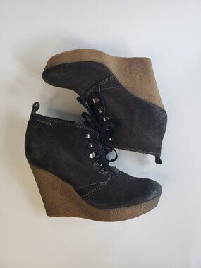 DIESEL Women's Brown Suede & Sherpa Wedge Booties Shoes Lace Up Fleece Front